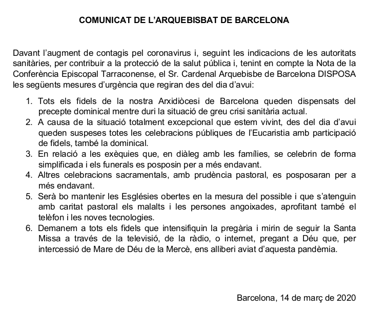 Comunicat Arquebisbat